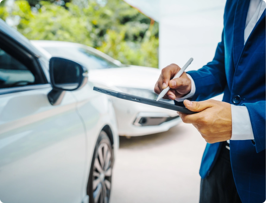 Man on tablet next to car