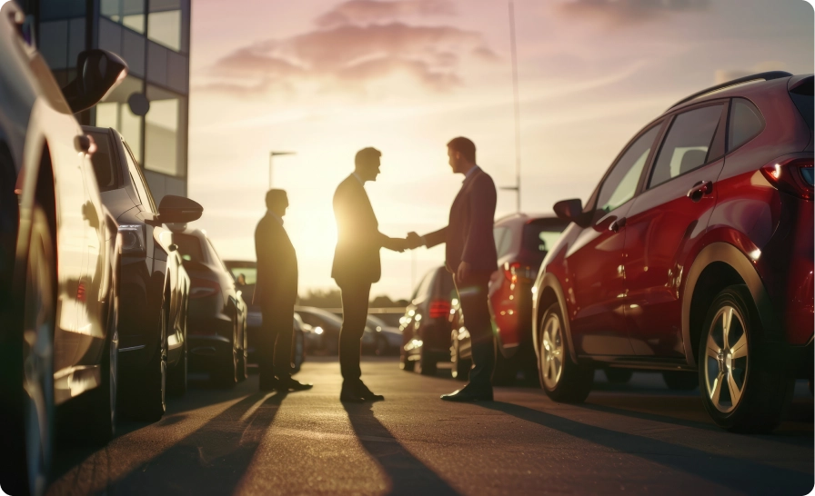 Two people shaking hands in lot of cars